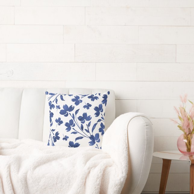 Indigo Watercolor Flower Stems Cushion (Couch)