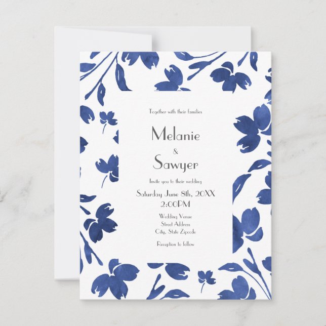 Indigo Watercolor Flower Stems  Invitation (Front)