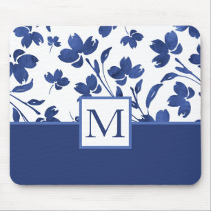 Indigo Watercolor Flower Stems Mouse Mat