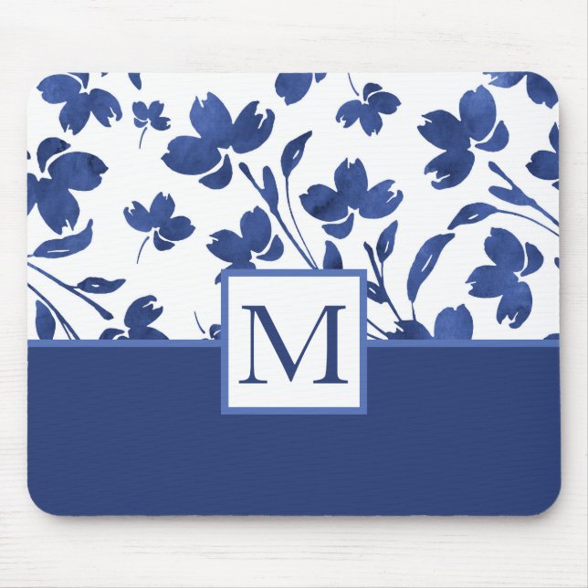 Indigo Watercolor Flower Stems Mouse Mat (Front)