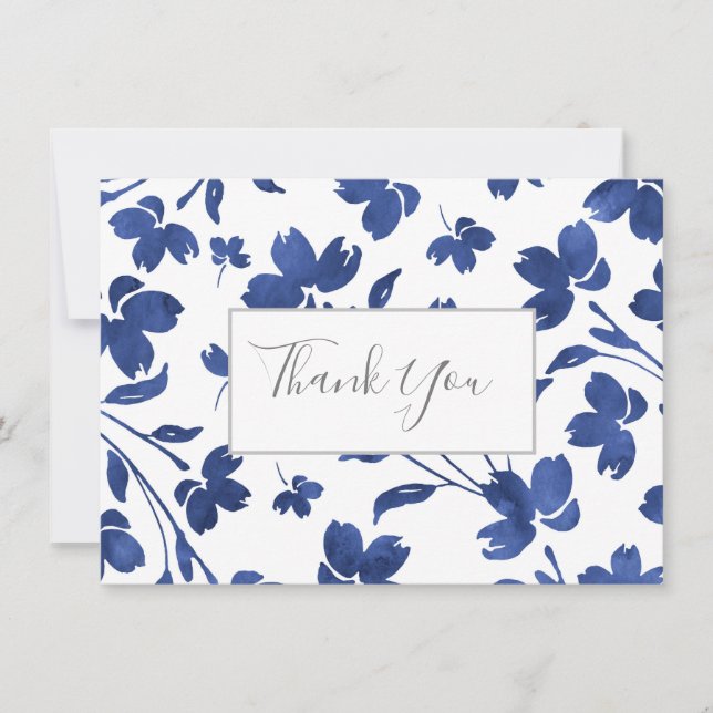 Indigo Watercolor Flower Stems Thank You Card (Front)