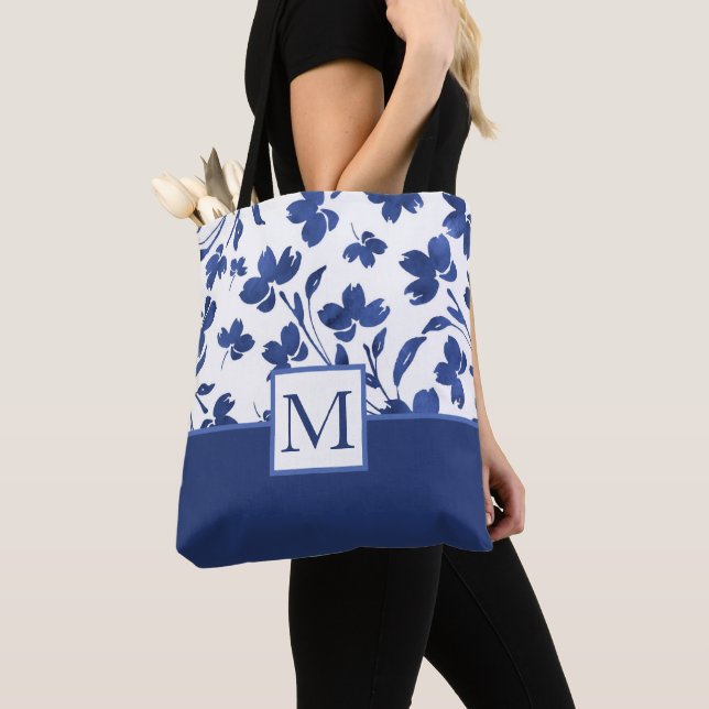 Indigo Watercolor Flower Stems Tote Bag (Close Up)