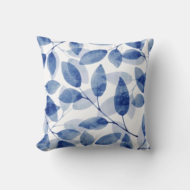Indigo Watercolor Leaves Cushion (Front)