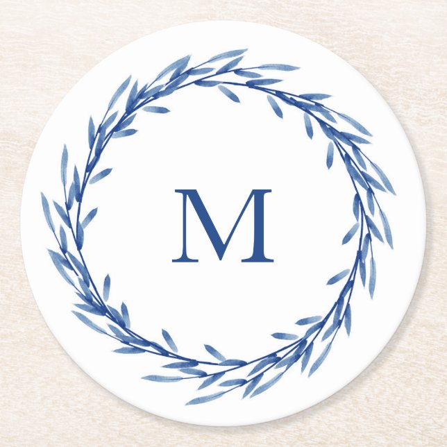 Indigo Watercolor Leaves Wreath Round Paper Coaster (Front)