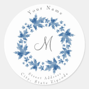 Indigo Watercolor Maple Leaves Wreath Classic Round Sticker
