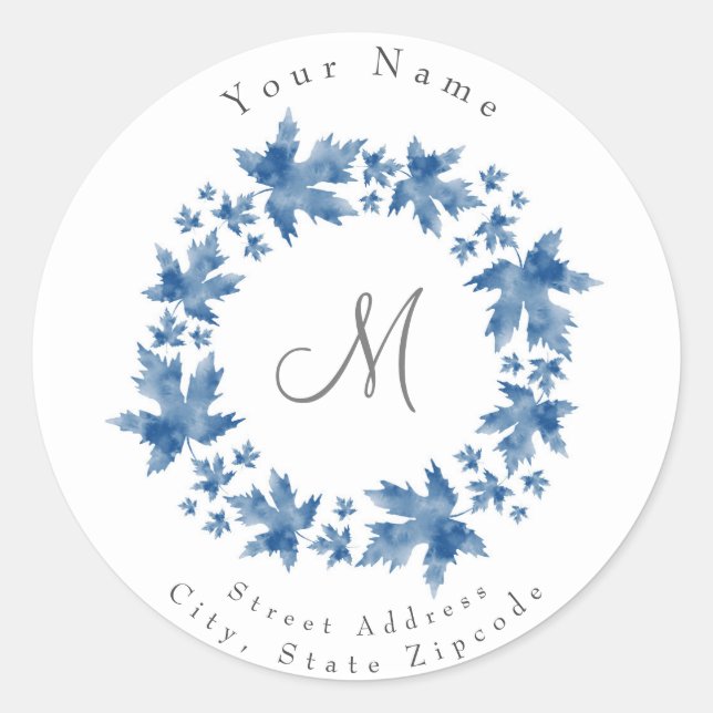 Indigo Watercolor Maple Leaves Wreath Classic Round Sticker (Front)