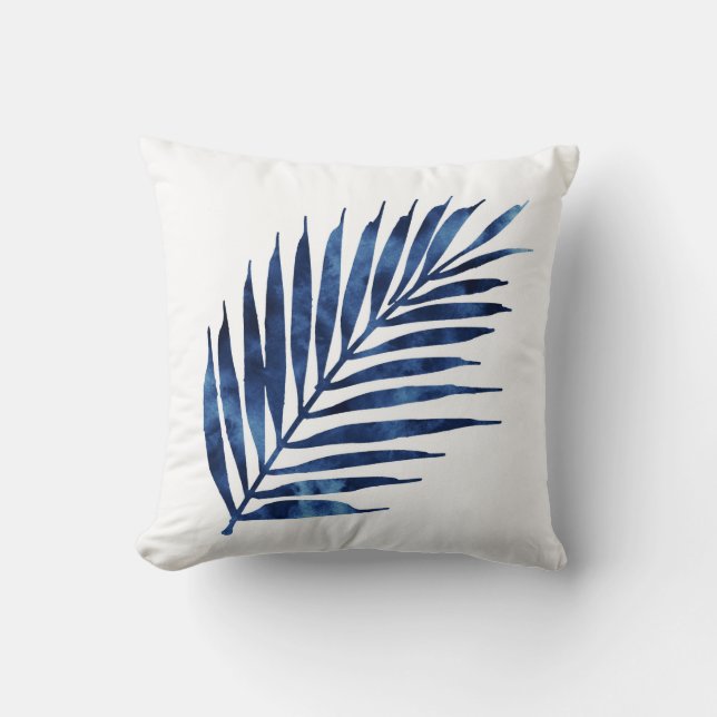 Indigo Watercolor Palm Fronds Cushion (Front)