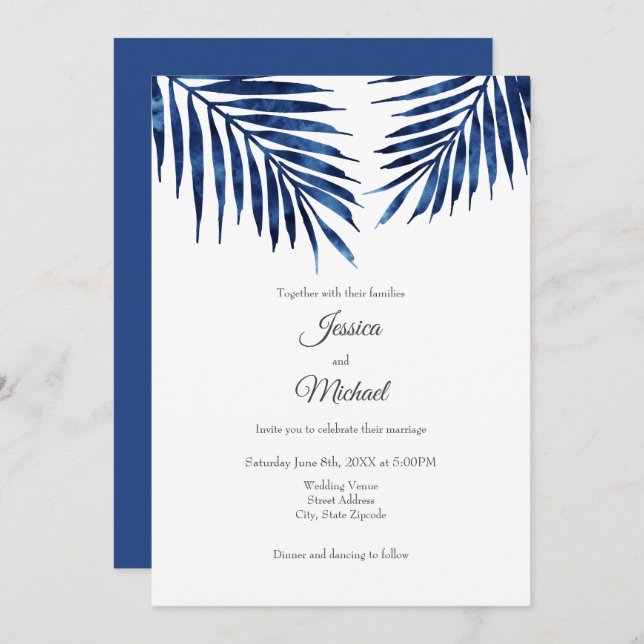 Indigo Watercolor Palm Fronds  Invitation (Front/Back)