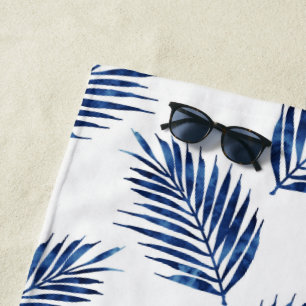 Indigo Watercolor Palm Fronds Pattern Beach Towel