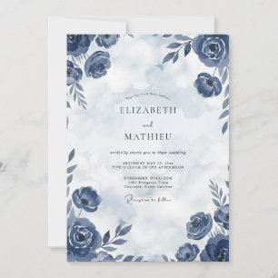 Indigo Watercolor Rose Wedding Invitation