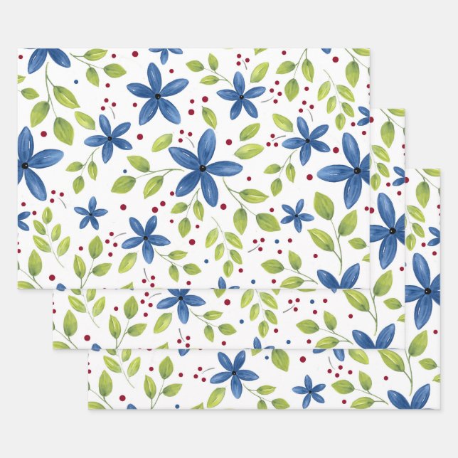 Indigo Waterolor Floral Bouquet Pattern Wrapping Paper Sheet (Set)