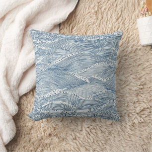 Indigo Wave Line Art Cushion
