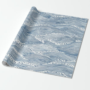 Indigo Wave Line Art Wrapping Paper