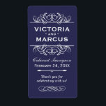 Indigo Wedding Wine Bottle Monogram Favour Labels<br><div class="desc">Perfect for vineyard weddings or wine bottle favours,  these elegant vintage flourished style labels feature a custom wedding monogram with bride and groom's names,  the wedding date,  type of wine,  and thank you message that can be completely personalised. Indigo blue and white colours.</div>