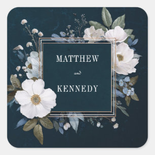 Indigo White Anemone Floral Gold Frame Square Sticker
