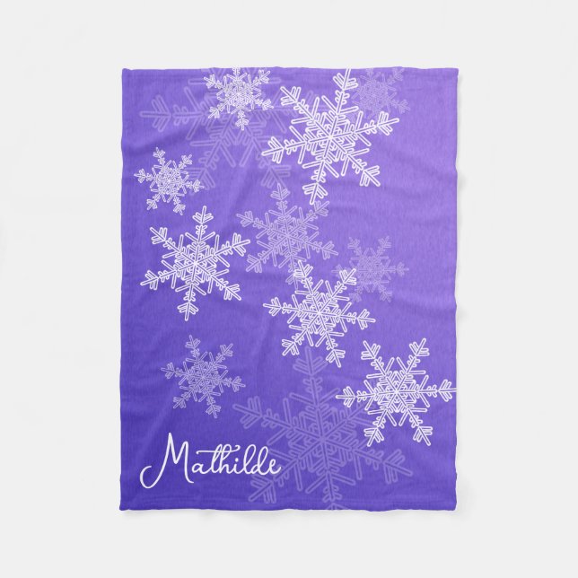 Indigo White Snowflakes Minimalist Christmas Name Fleece Blanket (Front)