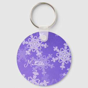 Indigo White Snowflakes Minimalist Christmas Name Key Ring