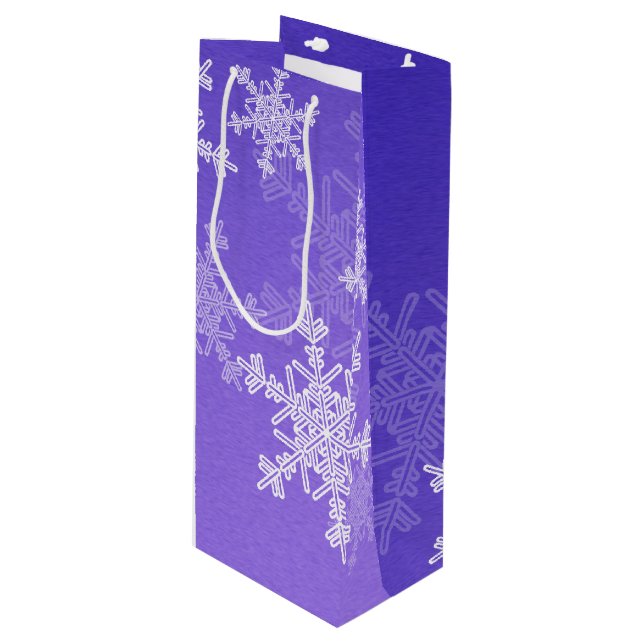 Indigo White Snowflakes Minimalist Christmas Wine Gift Bag (Front Angled)