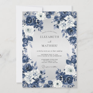 Indigo White Wreath Wedding Invitation
