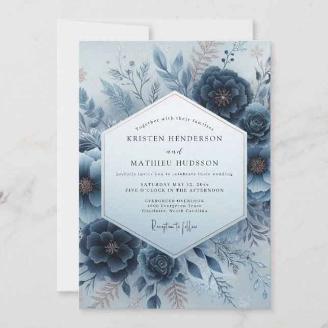 Indigo Wintry Flora Wedding Invitation (Front)