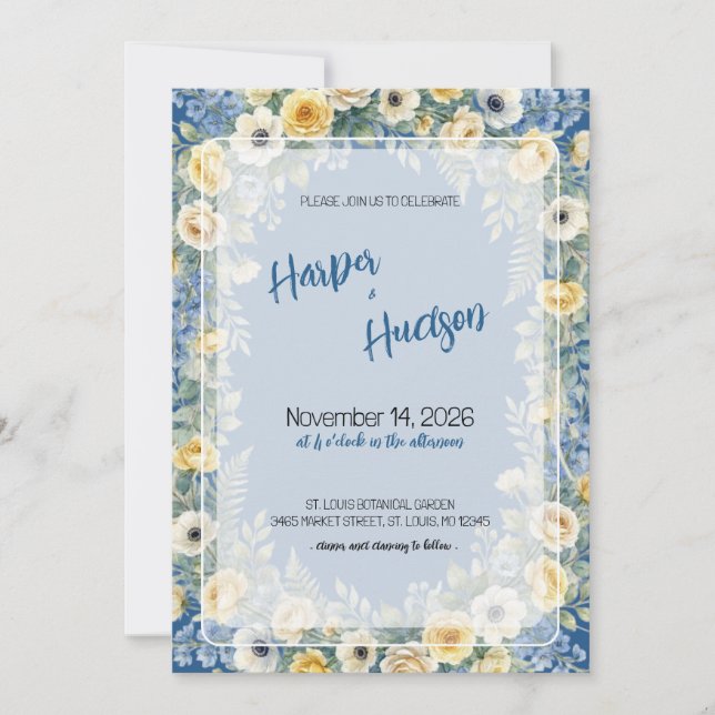 Indigo & Yellow Bloom Wedding Invitation (Front)