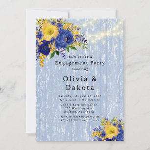 Indigo Yellow Peony Wood Lights Engagement Party Invitation