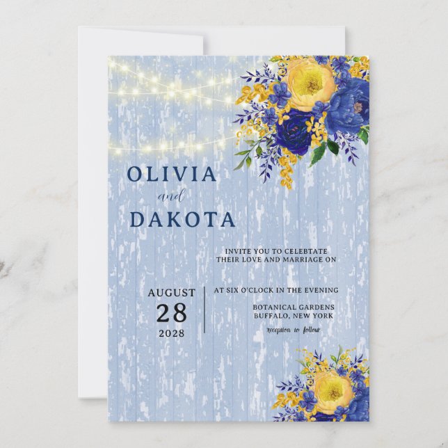 Indigo Yellow Peony Wood Lights Wedding Invitation (Front)