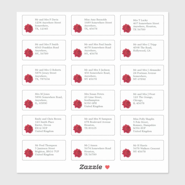 Individual Wedding Guest Name Address Red Rose (Sheet)