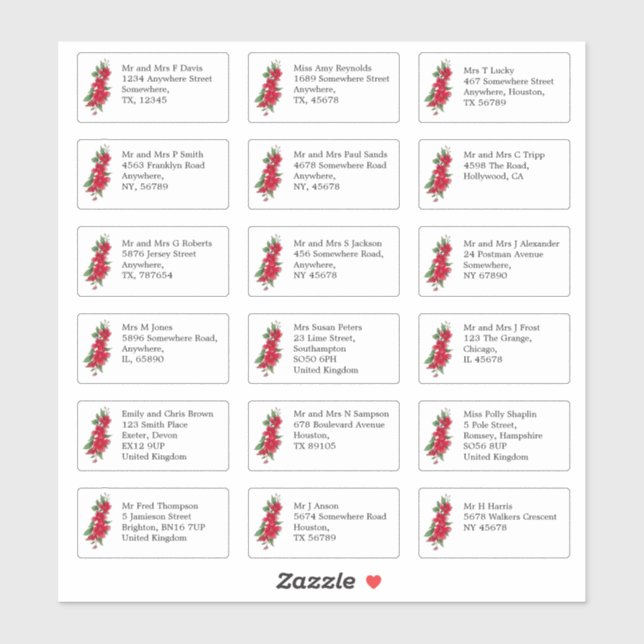 Individual Wedding Guest Name Address Red Roses (Sheet)