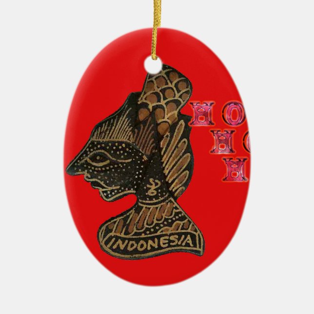 Indonesi Shadow Puppet Hohoho Design on Red canvas Ceramic Tree Decoration (Front)