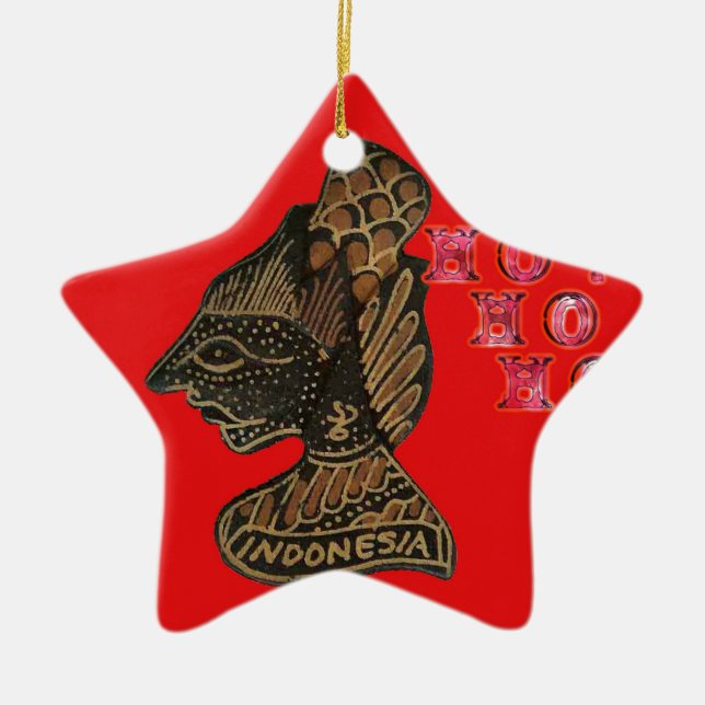 Indonesi Shadow Puppet Hohoho Design on Red canvas Ceramic Tree Decoration (Front)