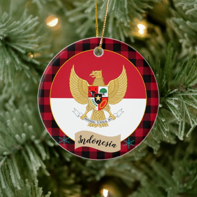 Indonesia, Red buffalo plaid & Indonesian Flag Ceramic Tree Decoration (Tree)