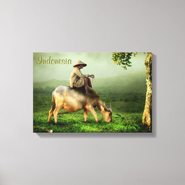 Indonesia Scenic landscape with Buffalo and Farmer Canvas Print (Front)