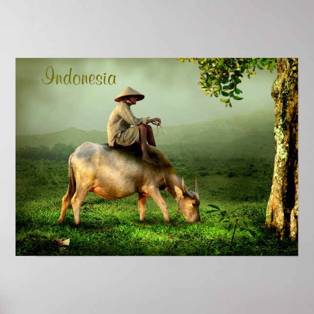 Indonesia Scenic landscape with Buffalo and Farmer Poster (Front)