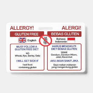 INDONESIAN Gluten Free Travel Card Allergy Badge ID Badge