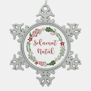 Indonesian Merry Christmas Wreath, Selamat Natal Snowflake Pewter Christmas Ornament
