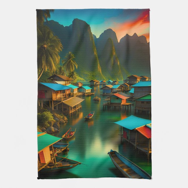 Indonesian Small Fishing Village Tea Towel (Vertical)
