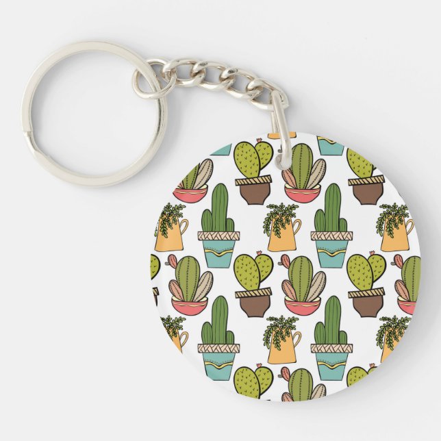 Indoor Cactus & Succulents In Pots Pattern Key Ring (Front)
