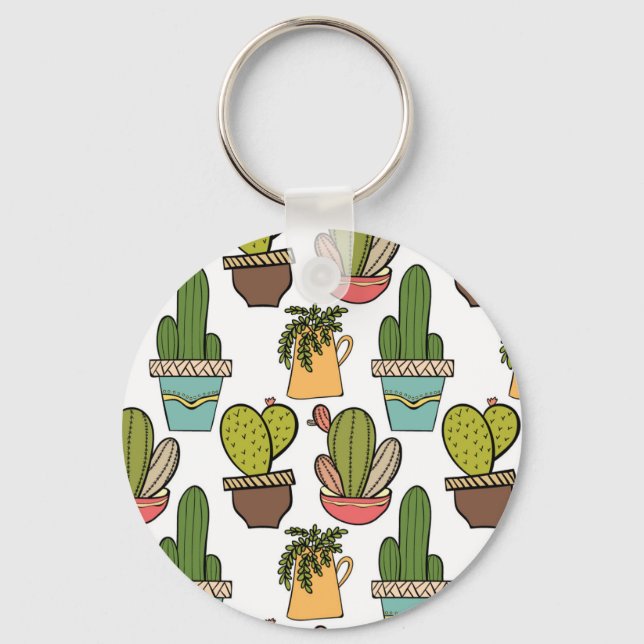 Indoor Cactus & Succulents In Pots Pattern Key Ring (Front)