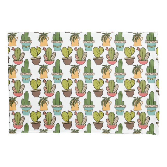 Indoor Cactus & Succulents In Pots Pattern Pillowcase (Front-Left)