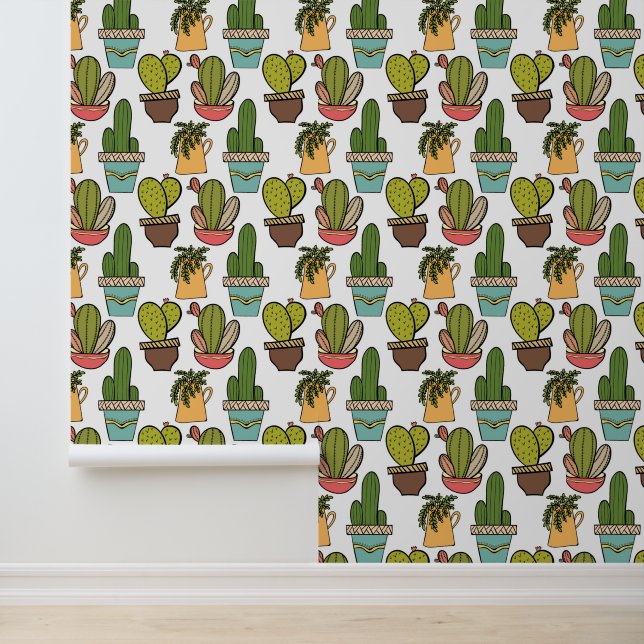 Indoor Cactus & Succulents In Pots Pattern Wallpaper (Application)