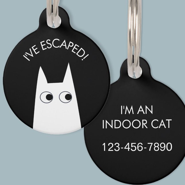 Indoor Cat Escaped White Cat Pet Tag (Escaped Indoor Cat personalized phone number white cat pet tag)