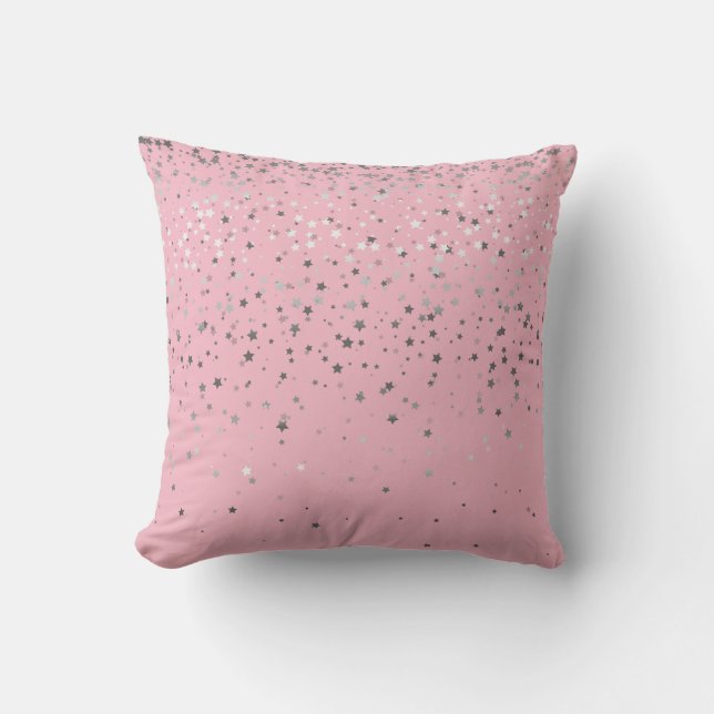 Indoor Petite Silver Stars Square Pillow-Pink Cushion (Front)
