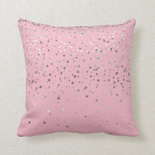 Indoor Petite Silver Stars Square Pillow-Pink Cushion