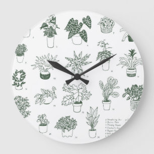 Indoor plants: vintage hand-drawn set. large clock