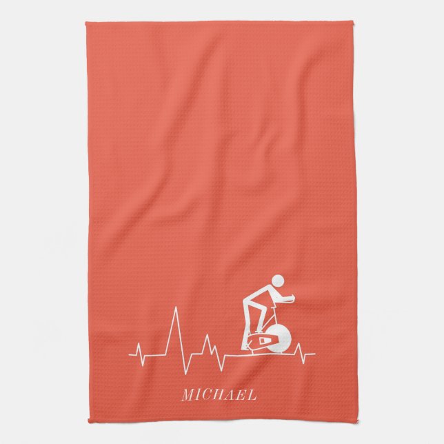 Indoor Spinning Cycle Heartbeat Personalise Orange Tea Towel (Vertical)