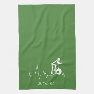 Indoor Spinning Cycle Heartbeat Personalised Green Tea Towel