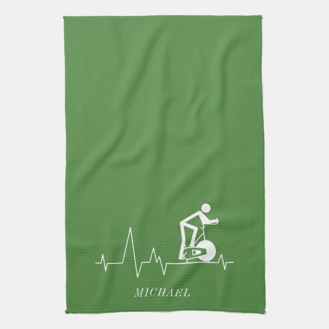Indoor Spinning Cycle Heartbeat Personalised Green Tea Towel (Vertical)