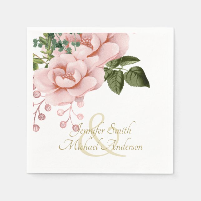 Indulgent Blush Pink Gold Roses Bouquet  Wedding Napkin (Front)