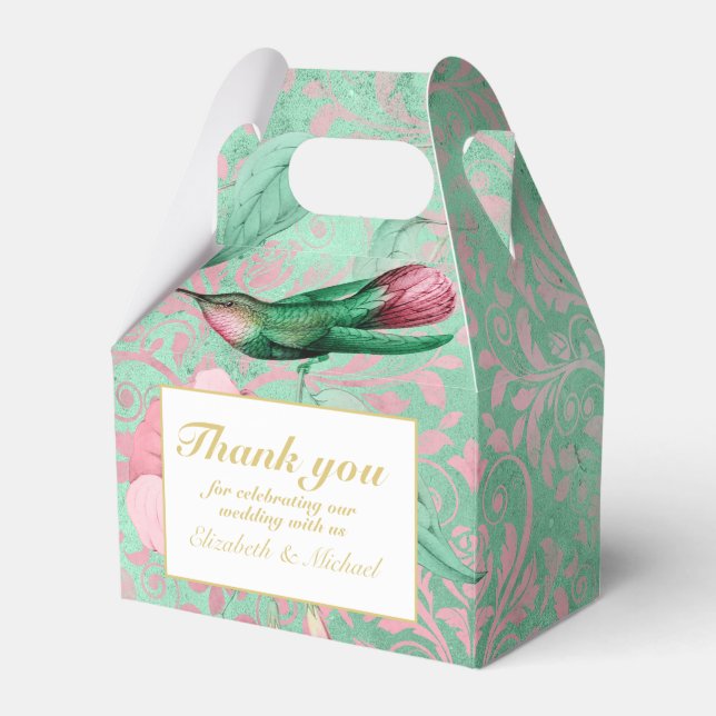 Indulgent Mint Pink Hummingbird Floral THANK YOU Favour Box (Front Side)